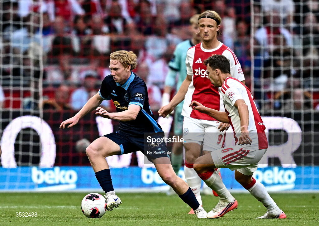 6 August 2026; Jack Henry-Francis of Shelbourne in action against Youri Regeer of Ajax during the UEFA Conference League Third Qualifying Round first leg match between Ajax and Shelbourne at Johan Cruyff Arena in Amsterdam, Netherlands. Photo by Seb Daly/Sportsfile