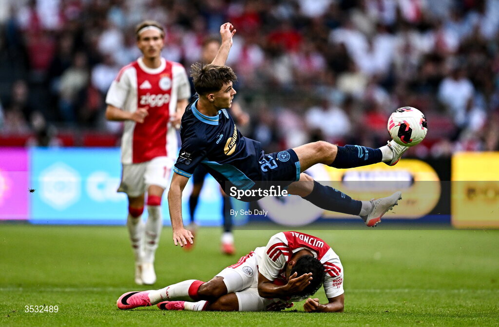 6 August 2026; Sean Moore of Shelbourne in action against Owen Wijndal of Ajax during the UEFA Conference League Third Qualifying Round first leg match between Ajax and Shelbourne at Johan Cruyff Arena in Amsterdam, Netherlands. Photo by Seb Daly/Sportsfile