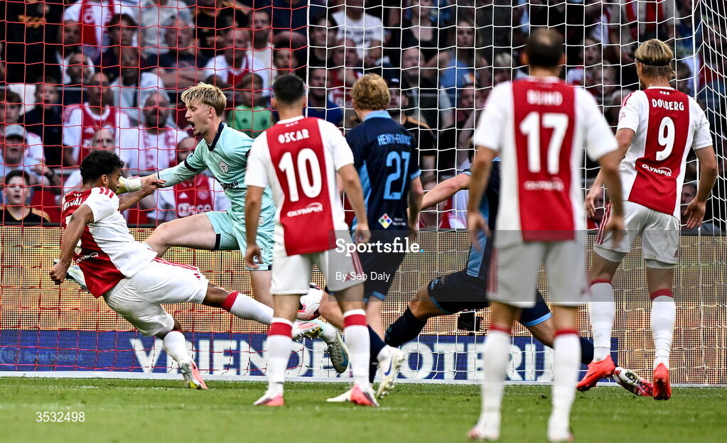 6 August 2026; Owen Wijndal of Ajax shoots to score his side's second goal during the UEFA Conference League Third Qualifying Round first leg match between Ajax and Shelbourne at Johan Cruyff Arena in Amsterdam, Netherlands. Photo by Seb Daly/Sportsfile