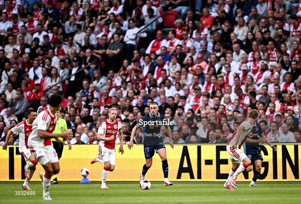 6 August 2026; Evan Caffrey of Shelbourne in action during the UEFA Conference League Third Qualifying Round first leg match between Ajax and Shelbourne at Johan Cruyff Arena in Amsterdam, Netherlands. Photo by Seb Daly/Sportsfile