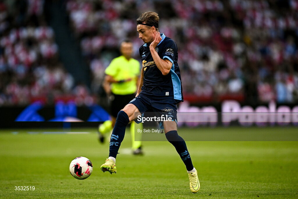 6 August 2026; Daniel Kelly of Shelbourne during the UEFA Conference League Third Qualifying Round first leg match between Ajax and Shelbourne at Johan Cruyff Arena in Amsterdam, Netherlands. Photo by Seb Daly/Sportsfile