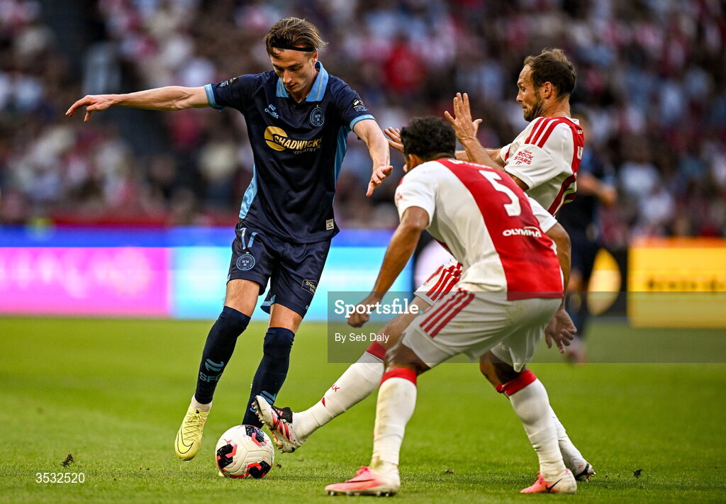 6 August 2026; Daniel Kelly of Shelbourne in action against Daley Blind of Ajax during the UEFA Conference League Third Qualifying Round first leg match between Ajax and Shelbourne at Johan Cruyff Arena in Amsterdam, Netherlands. Photo by Seb Daly/Sportsfile