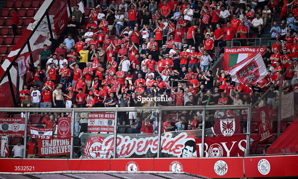 6 August 2026; Shelbourne supporters during  the UEFA Conference League Third Qualifying Round first leg match between Ajax and Shelbourne at Johan Cruyff Arena in Amsterdam, Netherlands. Photo by Seb Daly/Sportsfile
