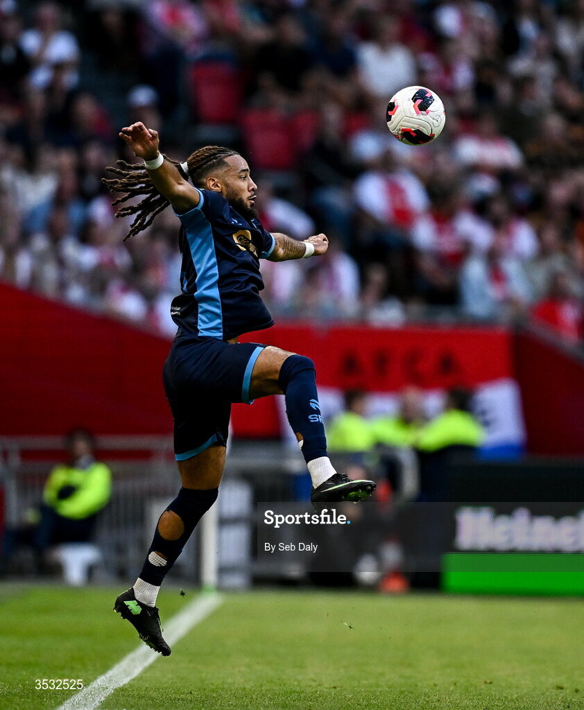 6 August 2026; Milan Mbeng of Shelbourne during the UEFA Conference League Third Qualifying Round first leg match between Ajax and Shelbourne at Johan Cruyff Arena in Amsterdam, Netherlands. Photo by Seb Daly/Sportsfile