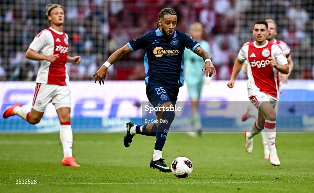 6 August 2026; Milan Mbeng of Shelbourne during the UEFA Conference League Third Qualifying Round first leg match between Ajax and Shelbourne at Johan Cruyff Arena in Amsterdam, Netherlands. Photo by Seb Daly/Sportsfile
