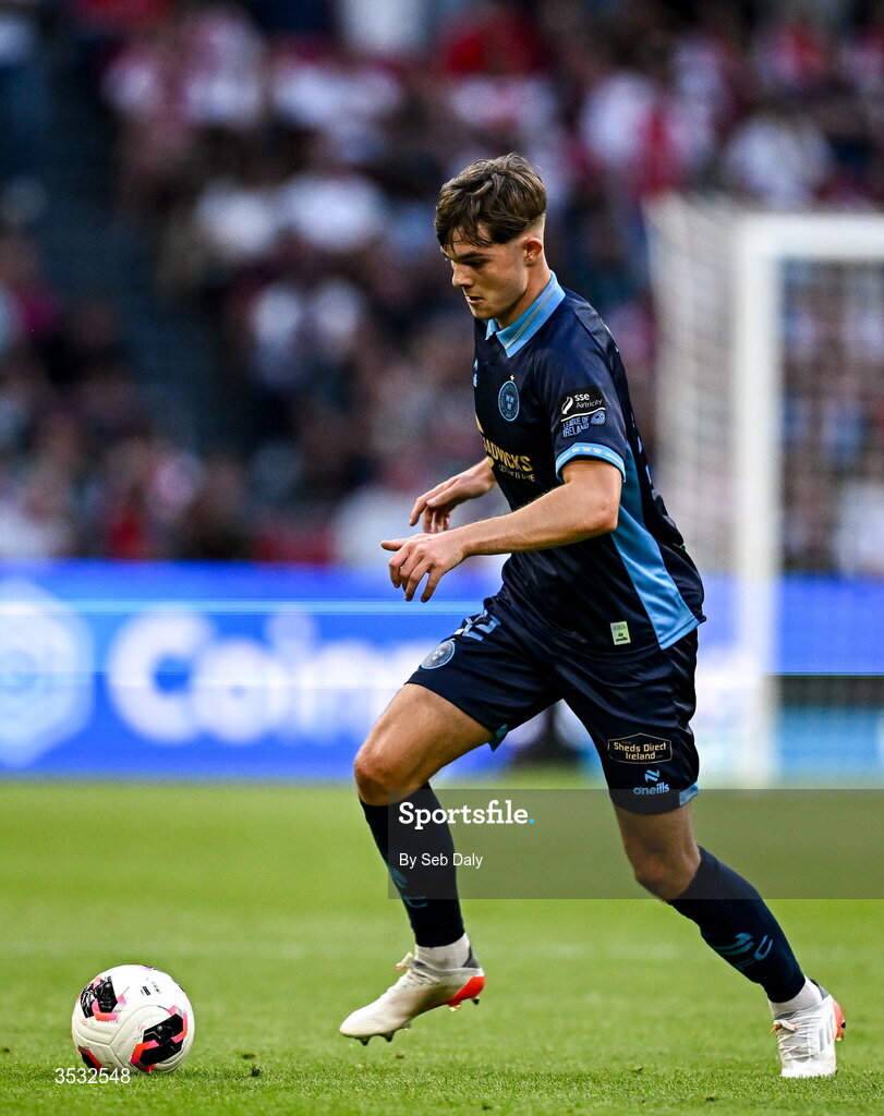 6 August 2026; Sean Moore of Shelbourne during the UEFA Conference League Third Qualifying Round first leg match between Ajax and Shelbourne at Johan Cruyff Arena in Amsterdam, Netherlands. Photo by Seb Daly/Sportsfile