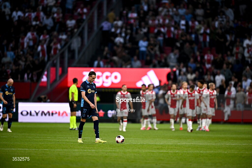 6 August 2026; Daniel Kelly of Shelbourne after his side conceded a third goal during the UEFA Conference League Third Qualifying Round first leg match between Ajax and Shelbourne at Johan Cruyff Arena in Amsterdam, Netherlands. Photo by Seb Daly/Sportsfile