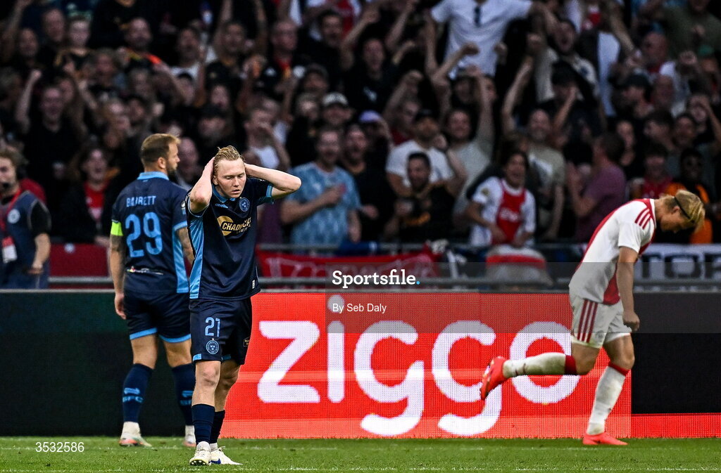 6 August 2026; Jack Henry-Francis of Shelbourne reacts to his side conceding a third goal during the UEFA Conference League Third Qualifying Round first leg match between Ajax and Shelbourne at Johan Cruyff Arena in Amsterdam, Netherlands. Photo by Seb Daly/Sportsfile