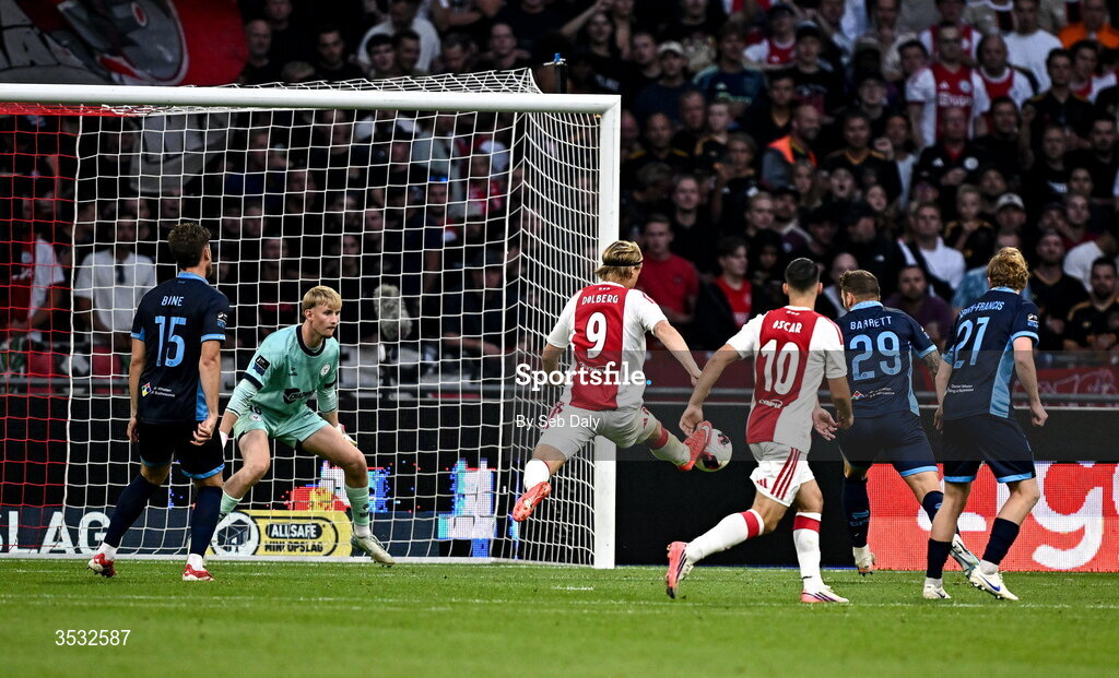 6 August 2026; Kasper Dolberg of Ajax shoots to score his side's third goal during the UEFA Conference League Third Qualifying Round first leg match between Ajax and Shelbourne at Johan Cruyff Arena in Amsterdam, Netherlands. Photo by Seb Daly/Sportsfile