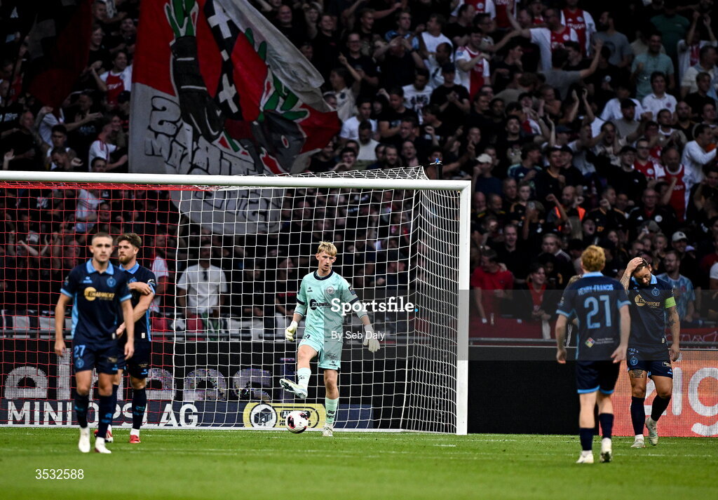 6 August 2026; Shelbourne goalkeeper Eddie Beach after his side conceded a third goal during the UEFA Conference League Third Qualifying Round first leg match between Ajax and Shelbourne at Johan Cruyff Arena in Amsterdam, Netherlands. Photo by Seb Daly/Sportsfile