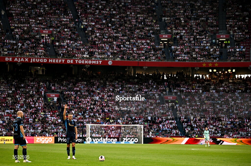 6 August 2026; Evan Caffrey of Shelbourne prepares to take a free kick during the UEFA Conference League Third Qualifying Round first leg match between Ajax and Shelbourne at Johan Cruyff Arena in Amsterdam, Netherlands. Photo by Seb Daly/Sportsfile