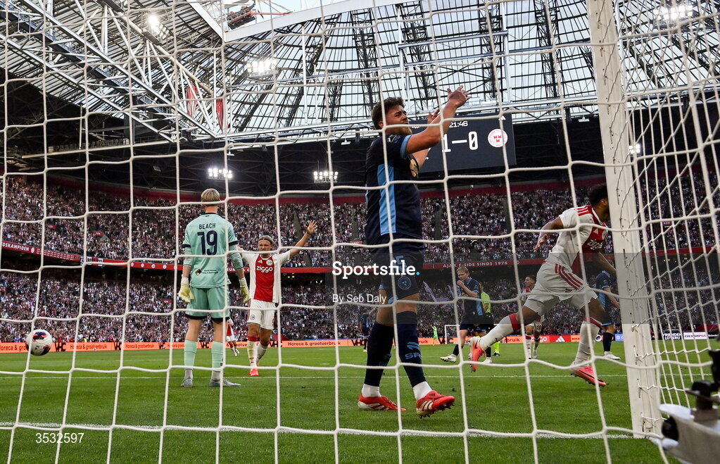 6 August 2026; Sam Bone of Shelbourne reacts to his side conceding a second goal during the UEFA Conference League Third Qualifying Round first leg match between Ajax and Shelbourne at Johan Cruyff Arena in Amsterdam, Netherlands. Photo by Seb Daly/Sportsfile