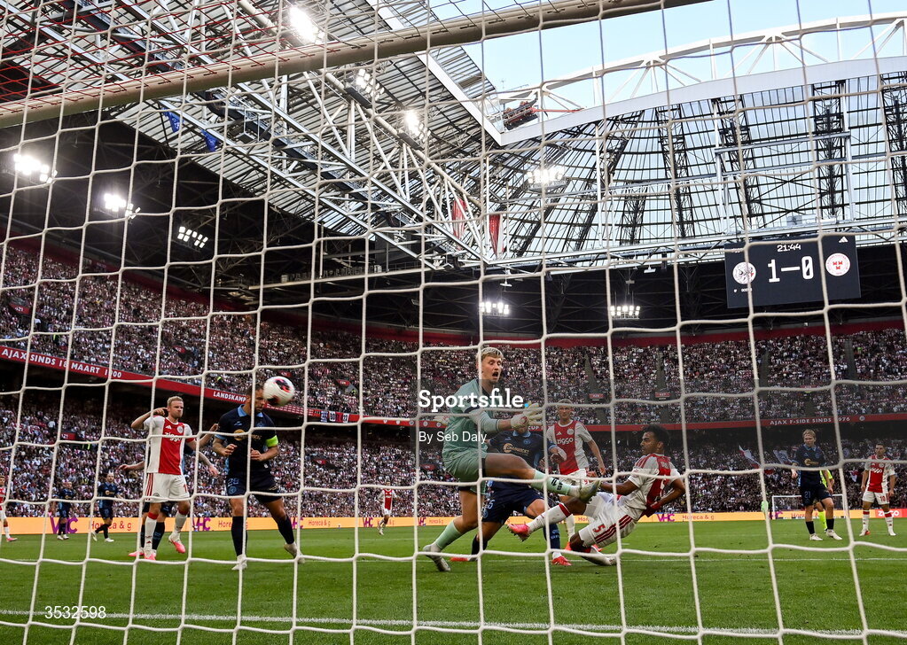 6 August 2026; Owen Wijndal of Ajax shoots to score his side's second goal during the UEFA Conference League Third Qualifying Round first leg match between Ajax and Shelbourne at Johan Cruyff Arena in Amsterdam, Netherlands. Photo by Seb Daly/Sportsfile