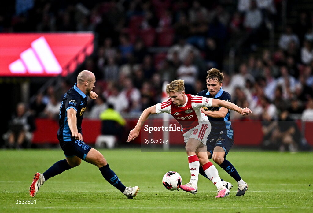 6 August 2026; Oliver Edvardsen of Ajax in action against Kerr McInroy of Shelbourne during the UEFA Conference League Third Qualifying Round first leg match between Ajax and Shelbourne at Johan Cruyff Arena in Amsterdam, Netherlands. Photo by Seb Daly/Sportsfile