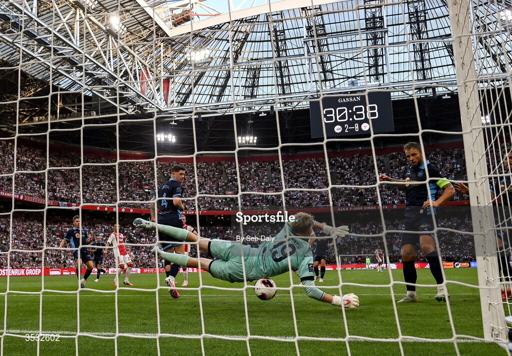6 August 2026; Shelbourne goalkeeper Eddie Beach makes a save during the UEFA Conference League Third Qualifying Round first leg match between Ajax and Shelbourne at Johan Cruyff Arena in Amsterdam, Netherlands. Photo by Seb Daly/Sportsfile