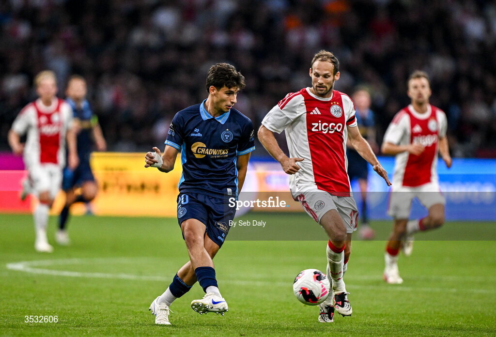6 August 2026; Rodrigo Freitas of Shelbourne in action against Daley Blind of Ajax during the UEFA Conference League Third Qualifying Round first leg match between Ajax and Shelbourne at Johan Cruyff Arena in Amsterdam, Netherlands. Photo by Seb Daly/Sportsfile