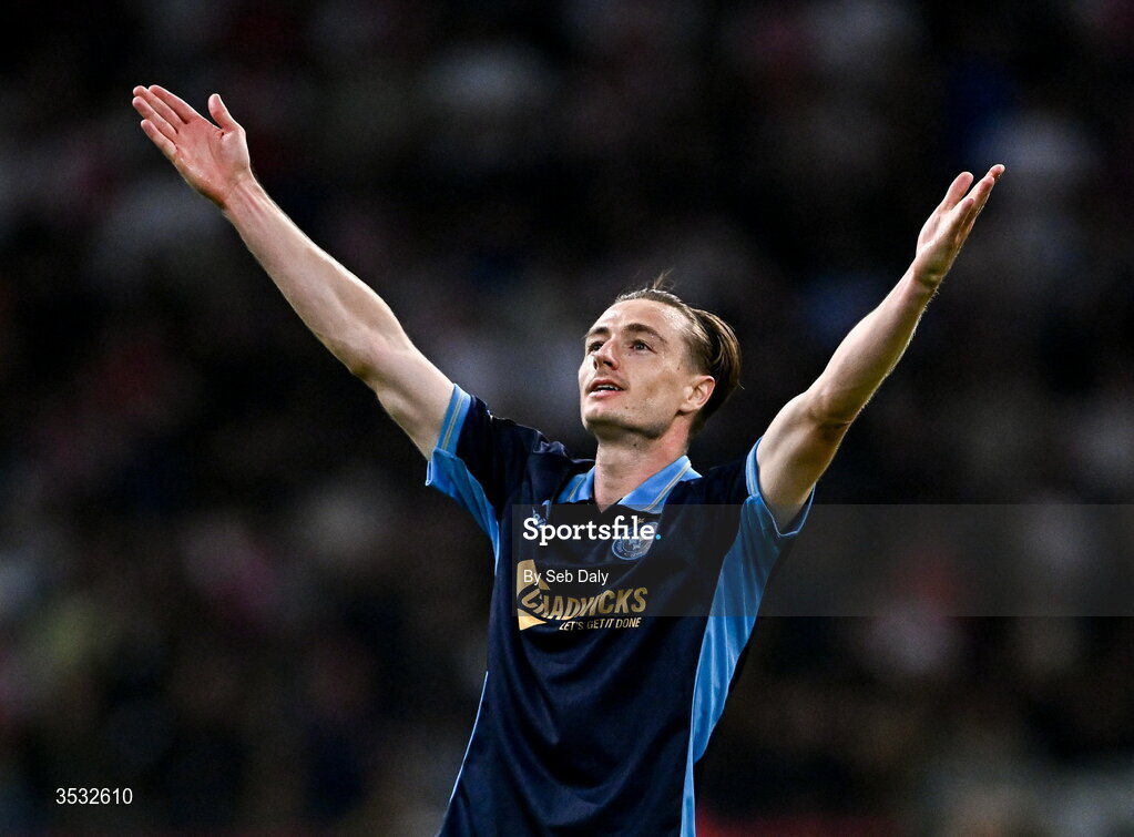 6 August 2026; Daniel Kelly of Shelbourne celebrates after scoring his side's first goal  during the UEFA Conference League Third Qualifying Round first leg match between Ajax and Shelbourne at Johan Cruyff Arena in Amsterdam, Netherlands. Photo by Seb Daly/Sportsfile