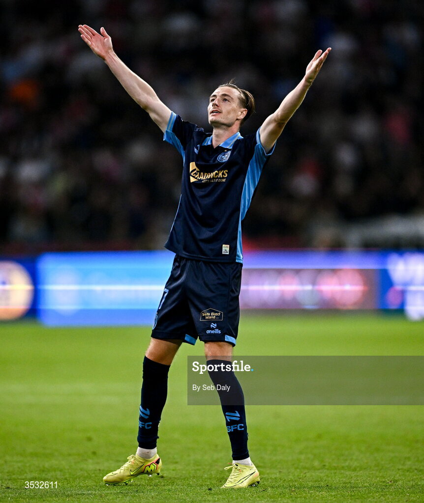 6 August 2026; Daniel Kelly of Shelbourne celebrates after scoring his side's first goal  during the UEFA Conference League Third Qualifying Round first leg match between Ajax and Shelbourne at Johan Cruyff Arena in Amsterdam, Netherlands. Photo by Seb Daly/Sportsfile