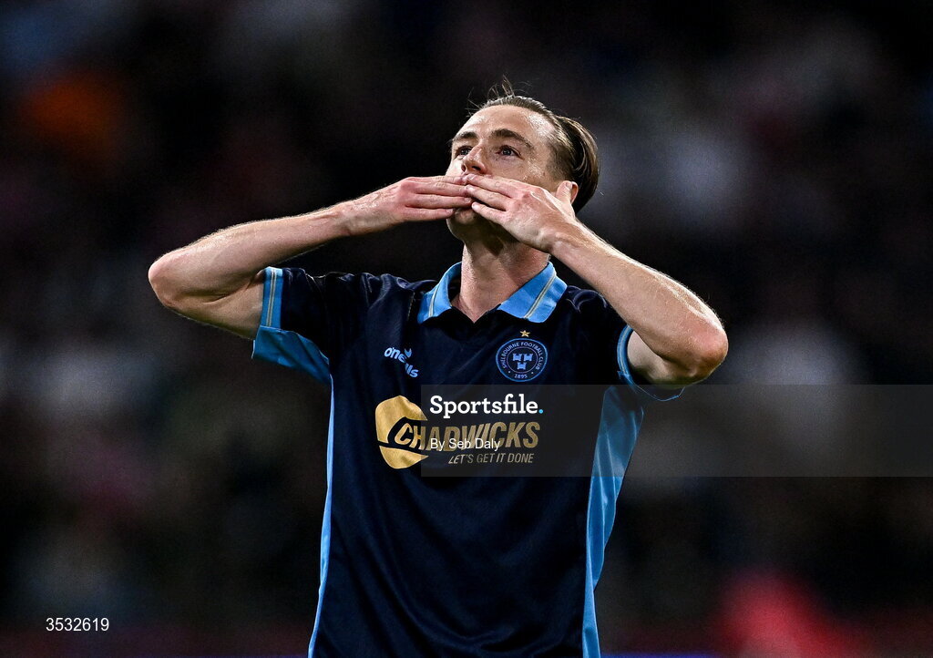 6 August 2026; Daniel Kelly of Shelbourne celebrates after scoring his side's first goal  during the UEFA Conference League Third Qualifying Round first leg match between Ajax and Shelbourne at Johan Cruyff Arena in Amsterdam, Netherlands. Photo by Seb Daly/Sportsfile