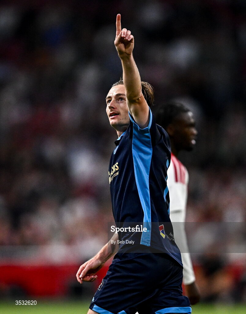 6 August 2026; Daniel Kelly of Shelbourne celebrates after scoring his side's first goal  during the UEFA Conference League Third Qualifying Round first leg match between Ajax and Shelbourne at Johan Cruyff Arena in Amsterdam, Netherlands. Photo by Seb Daly/Sportsfile