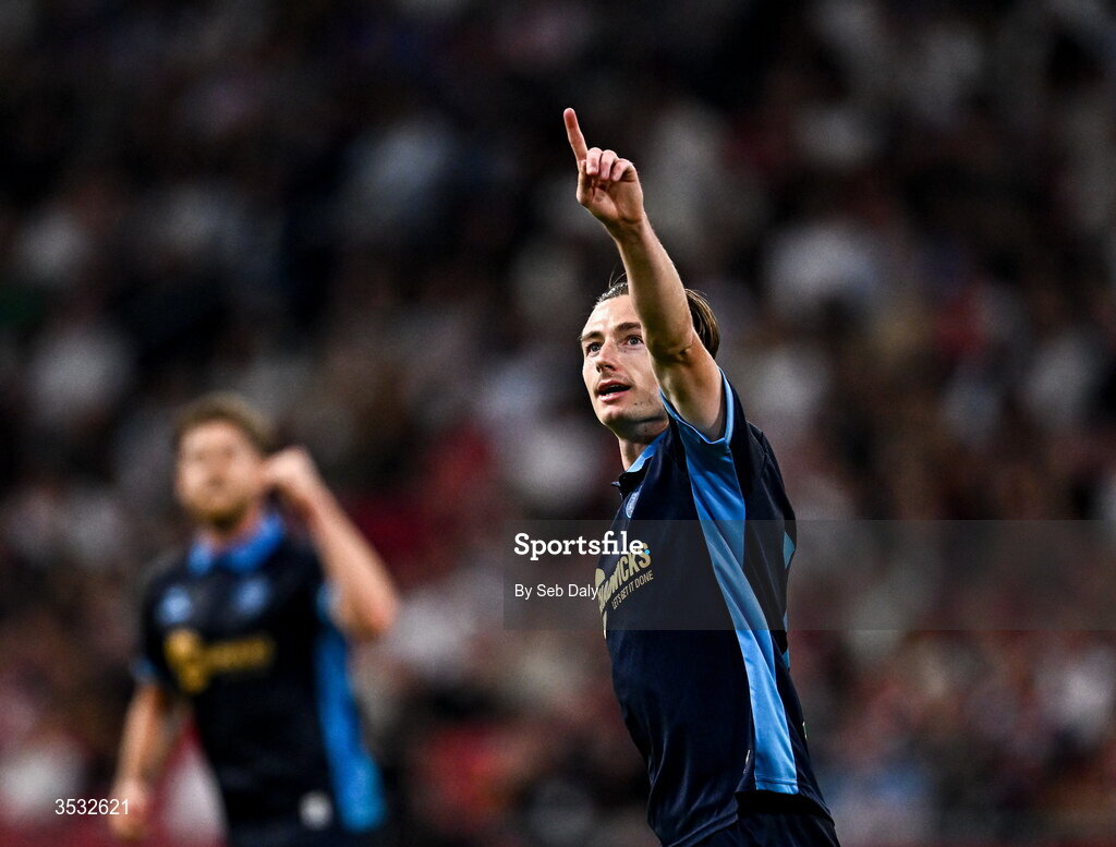 6 August 2026; Daniel Kelly of Shelbourne celebrates after scoring his side's first goal  during the UEFA Conference League Third Qualifying Round first leg match between Ajax and Shelbourne at Johan Cruyff Arena in Amsterdam, Netherlands. Photo by Seb Daly/Sportsfile