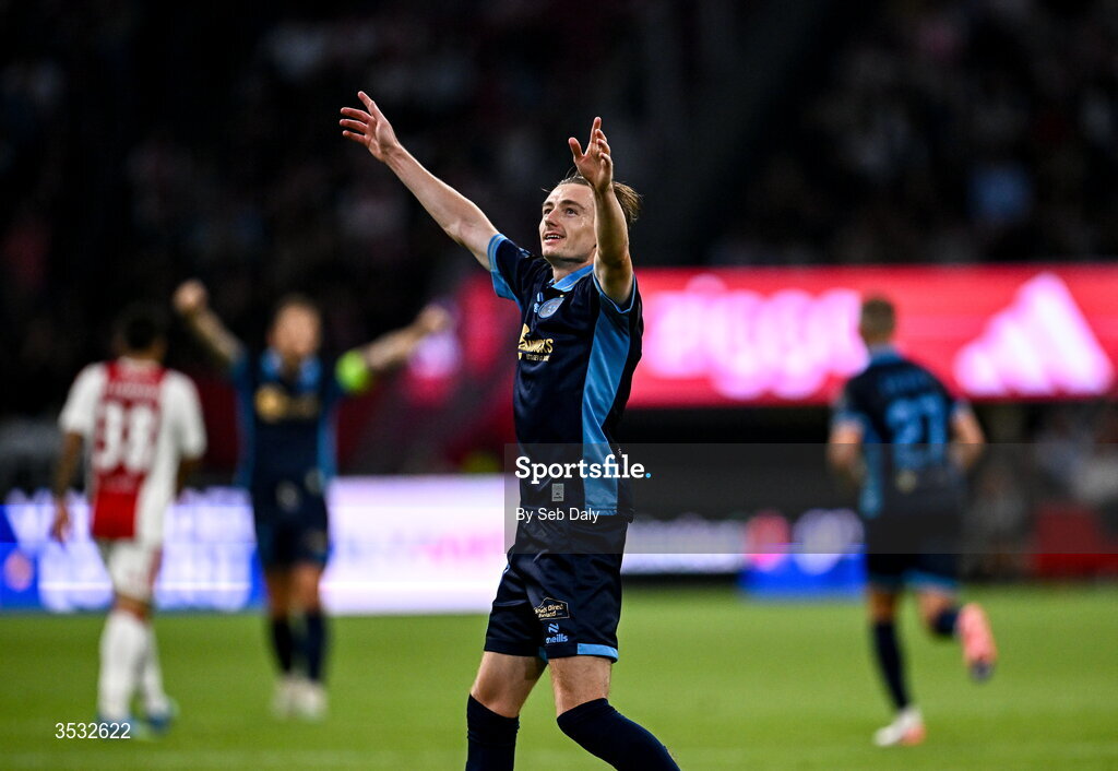 6 August 2026; Daniel Kelly of Shelbourne celebrates after scoring his side's first goal  during the UEFA Conference League Third Qualifying Round first leg match between Ajax and Shelbourne at Johan Cruyff Arena in Amsterdam, Netherlands. Photo by Seb Daly/Sportsfile