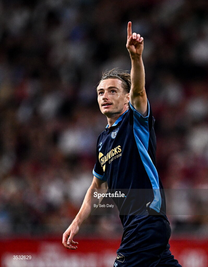 6 August 2026; Daniel Kelly of Shelbourne celebrates after scoring his side's first goal  during the UEFA Conference League Third Qualifying Round first leg match between Ajax and Shelbourne at Johan Cruyff Arena in Amsterdam, Netherlands. Photo by Seb Daly/Sportsfile