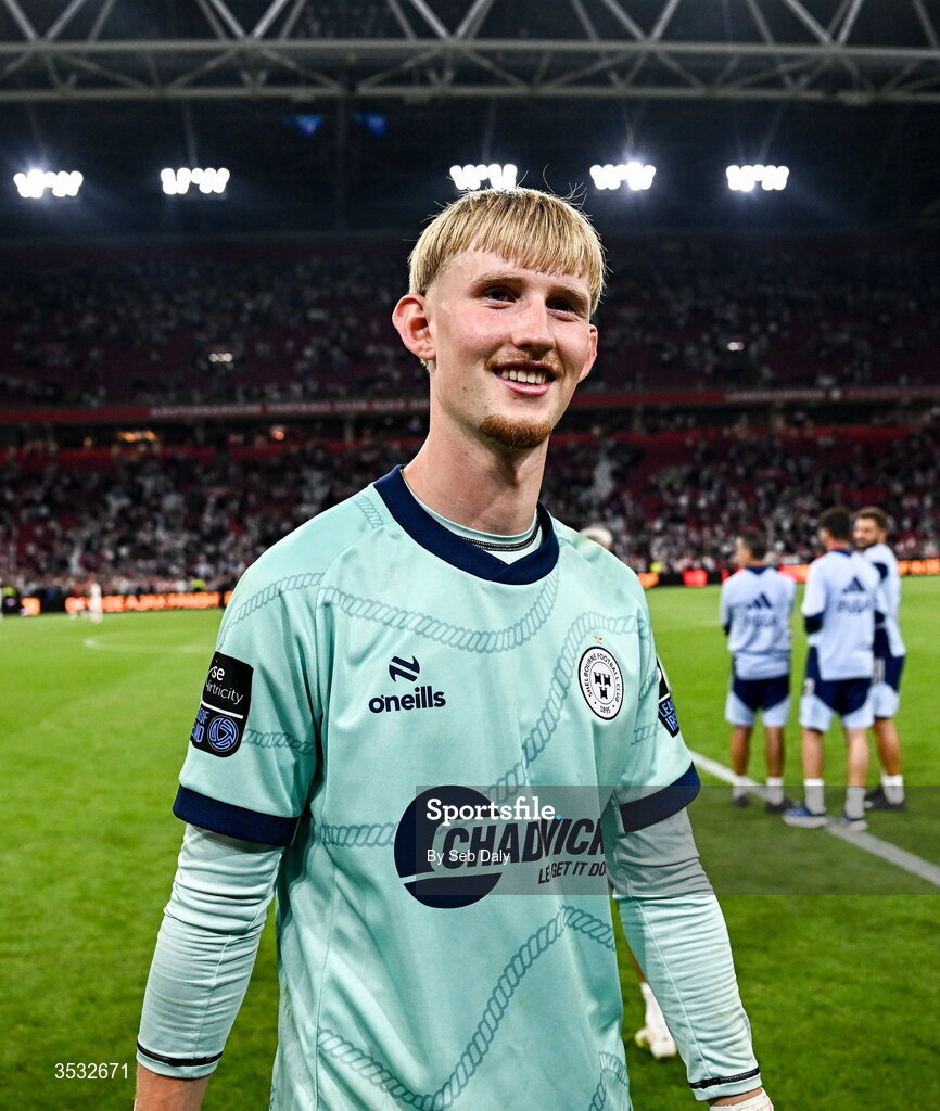 6 August 2026; Shelbourne goalkeeper Eddie Beach after the UEFA Conference League Third Qualifying Round first leg match between Ajax and Shelbourne at Johan Cruyff Arena in Amsterdam, Netherlands. Photo by Seb Daly/Sportsfile