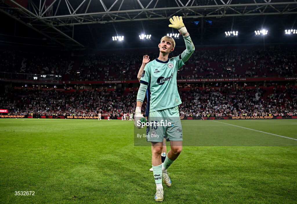 6 August 2026; Shelbourne goalkeeper Eddie Beach after the UEFA Conference League Third Qualifying Round first leg match between Ajax and Shelbourne at Johan Cruyff Arena in Amsterdam, Netherlands. Photo by Seb Daly/Sportsfile