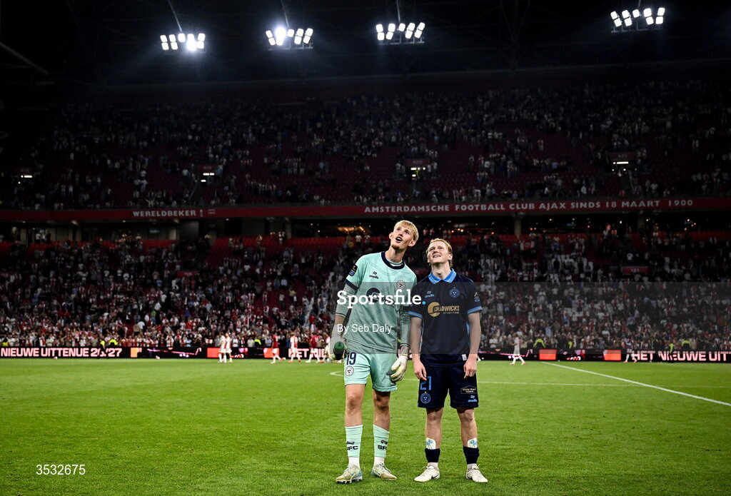 6 August 2026; Shelbourne goalkeeper Eddie Beach and Jack Henry-Francis of Shelbourne after the UEFA Conference League Third Qualifying Round first leg match between Ajax and Shelbourne at Johan Cruyff Arena in Amsterdam, Netherlands. Photo by Seb Daly/Sportsfile