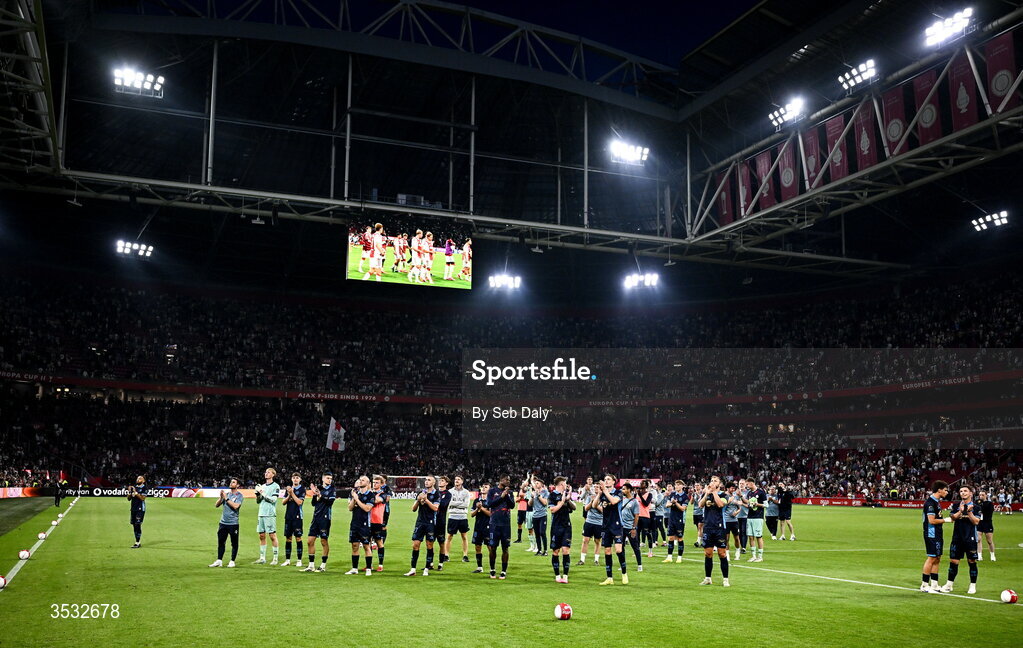 6 August 2026; Shelbourne players acknowledge supporters after the UEFA Conference League Third Qualifying Round first leg match between Ajax and Shelbourne at Johan Cruyff Arena in Amsterdam, Netherlands. Photo by Seb Daly/Sportsfile