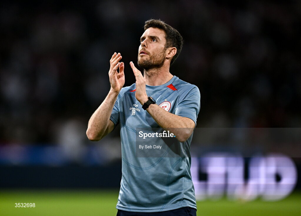 6 August 2026; Shelbourne head coach John Russell after the UEFA Conference League Third Qualifying Round first leg match between Ajax and Shelbourne at Johan Cruyff Arena in Amsterdam, Netherlands. Photo by Seb Daly/Sportsfile