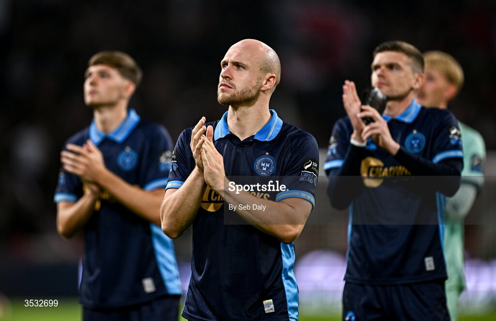 6 August 2026; Kerr McInroy of Shelbourne and teammates after the UEFA Conference League Third Qualifying Round first leg match between Ajax and Shelbourne at Johan Cruyff Arena in Amsterdam, Netherlands. Photo by Seb Daly/Sportsfile