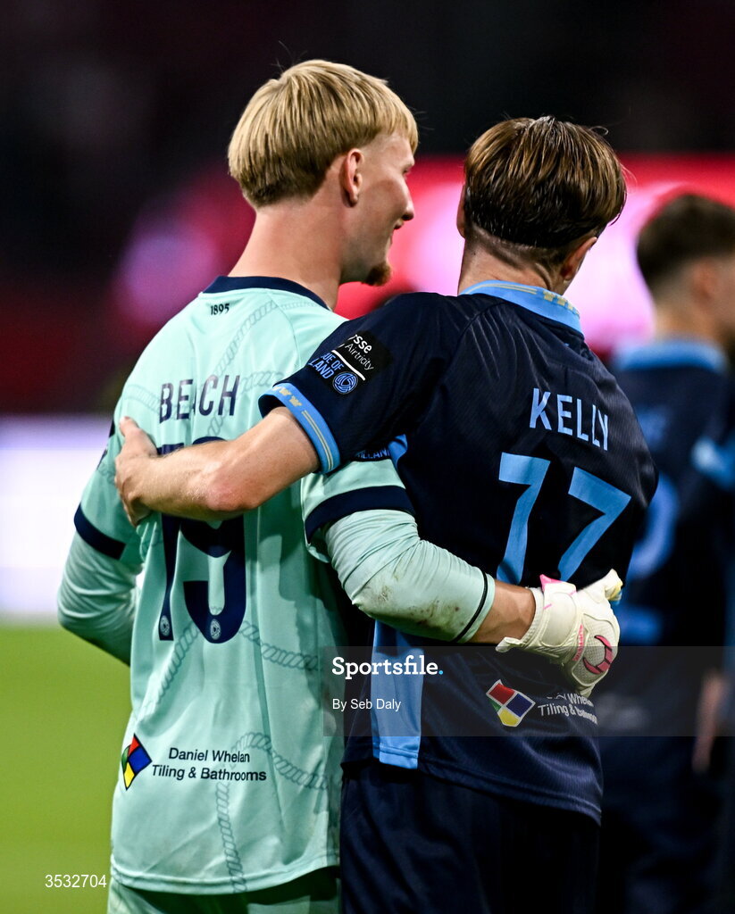 6 August 2026; Shelbourne goalkeeper Eddie Beach and Daniel Kelly of Shelbourne after the UEFA Conference League Third Qualifying Round first leg match between Ajax and Shelbourne at Johan Cruyff Arena in Amsterdam, Netherlands. Photo by Seb Daly/Sportsfile
