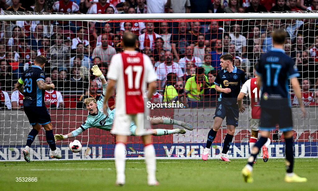 6 August 2026; Shelbourne goalkeeper Eddie Beach makes a save during the UEFA Conference League Third Qualifying Round first leg match between Ajax and Shelbourne at Johan Cruyff Arena in Amsterdam, Netherlands. Photo by Seb Daly/Sportsfile