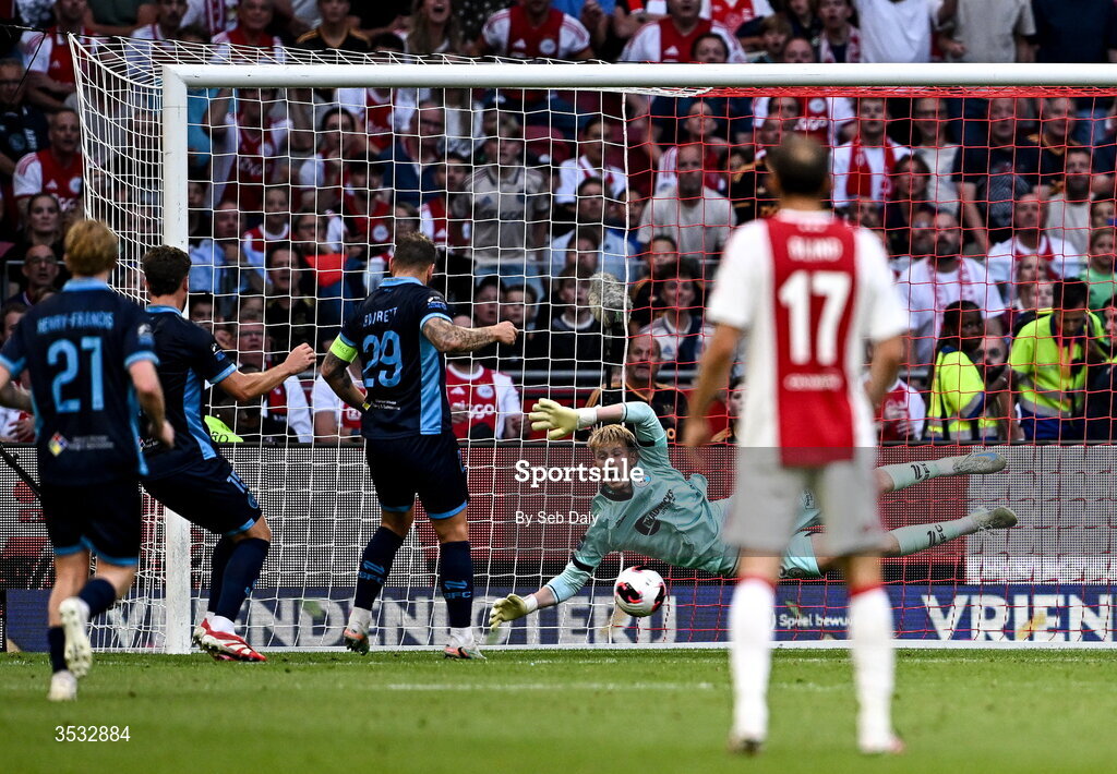 6 August 2026; Shelbourne goalkeeper Eddie Beach makes a save during the UEFA Conference League Third Qualifying Round first leg match between Ajax and Shelbourne at Johan Cruyff Arena in Amsterdam, Netherlands. Photo by Seb Daly/Sportsfile