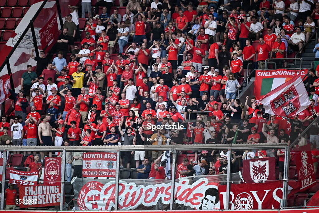 6 August 2026; Shelbourne supporters during the UEFA Conference League Third Qualifying Round first leg match between Ajax and Shelbourne at Johan Cruyff Arena in Amsterdam, Netherlands. Photo by Seb Daly/Sportsfile