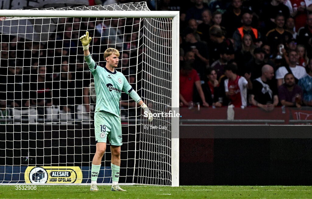 6 August 2026; Shelbourne goalkeeper Eddie Beach during the UEFA Conference League Third Qualifying Round first leg match between Ajax and Shelbourne at Johan Cruyff Arena in Amsterdam, Netherlands. Photo by Seb Daly/Sportsfile