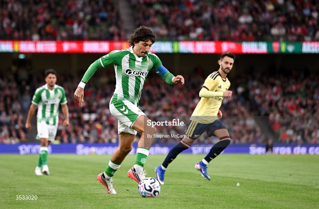 5 August 2026; Héctor Bellerín of Real Betis during the pre-season friendly match between Arsenal and Real Betis at the Aviva Stadium in Dublin. Photo by Stephen McCarthy/Sportsfile