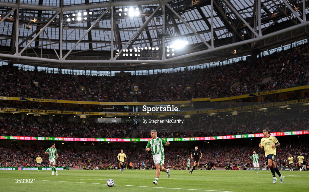 5 August 2026; Pablo García of Real Betis during the pre-season friendly match between Arsenal and Real Betis at the Aviva Stadium in Dublin. Photo by Stephen McCarthy/Sportsfile