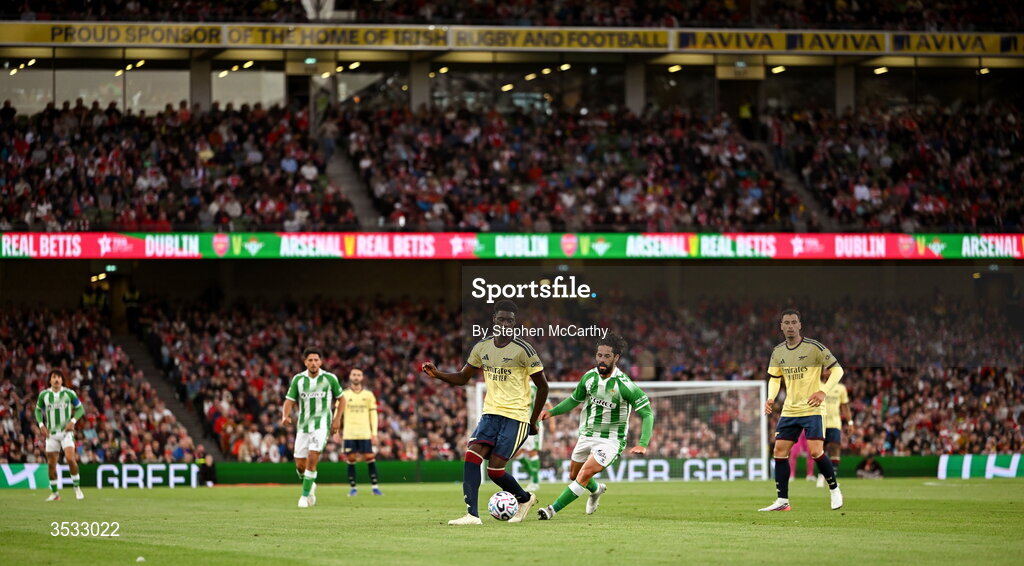 5 August 2026; Ife Ibrahim of Arsenal during the pre-season friendly match between Arsenal and Real Betis at the Aviva Stadium in Dublin. Photo by Stephen McCarthy/Sportsfile