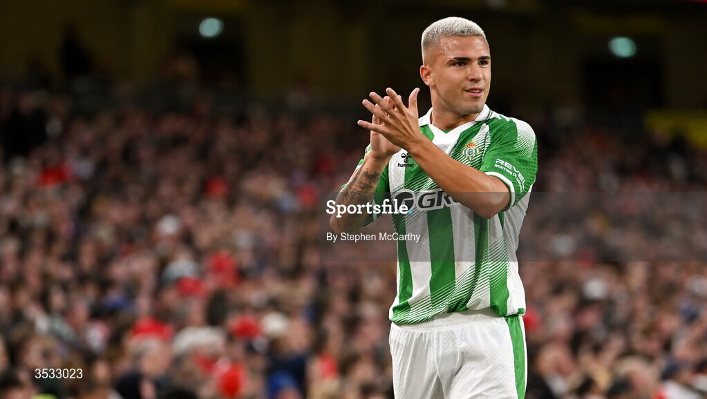 5 August 2026; Pablo García of Real Betis during the pre-season friendly match between Arsenal and Real Betis at the Aviva Stadium in Dublin. Photo by Stephen McCarthy/Sportsfile