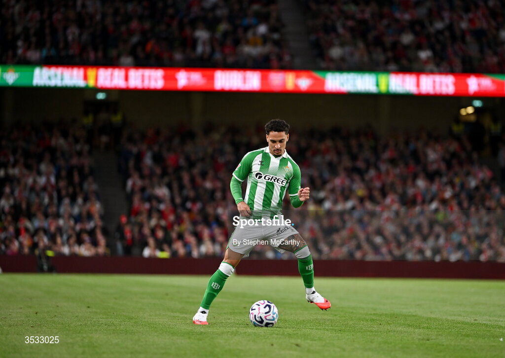 5 August 2026; Antony of Real Betis during the pre-season friendly match between Arsenal and Real Betis at the Aviva Stadium in Dublin. Photo by Stephen McCarthy/Sportsfile