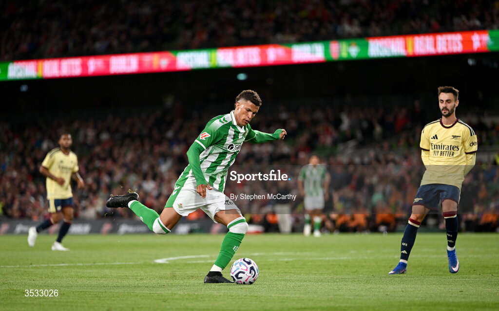 5 August 2026; Nelson Deossa of Real Betis during the pre-season friendly match between Arsenal and Real Betis at the Aviva Stadium in Dublin. Photo by Stephen McCarthy/Sportsfile