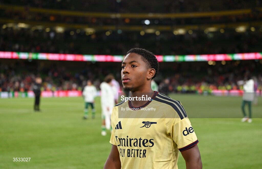 5 August 2026; Myles Lewis-Skelly of Arsenal during the pre-season friendly match between Arsenal and Real Betis at the Aviva Stadium in Dublin. Photo by Stephen McCarthy/Sportsfile