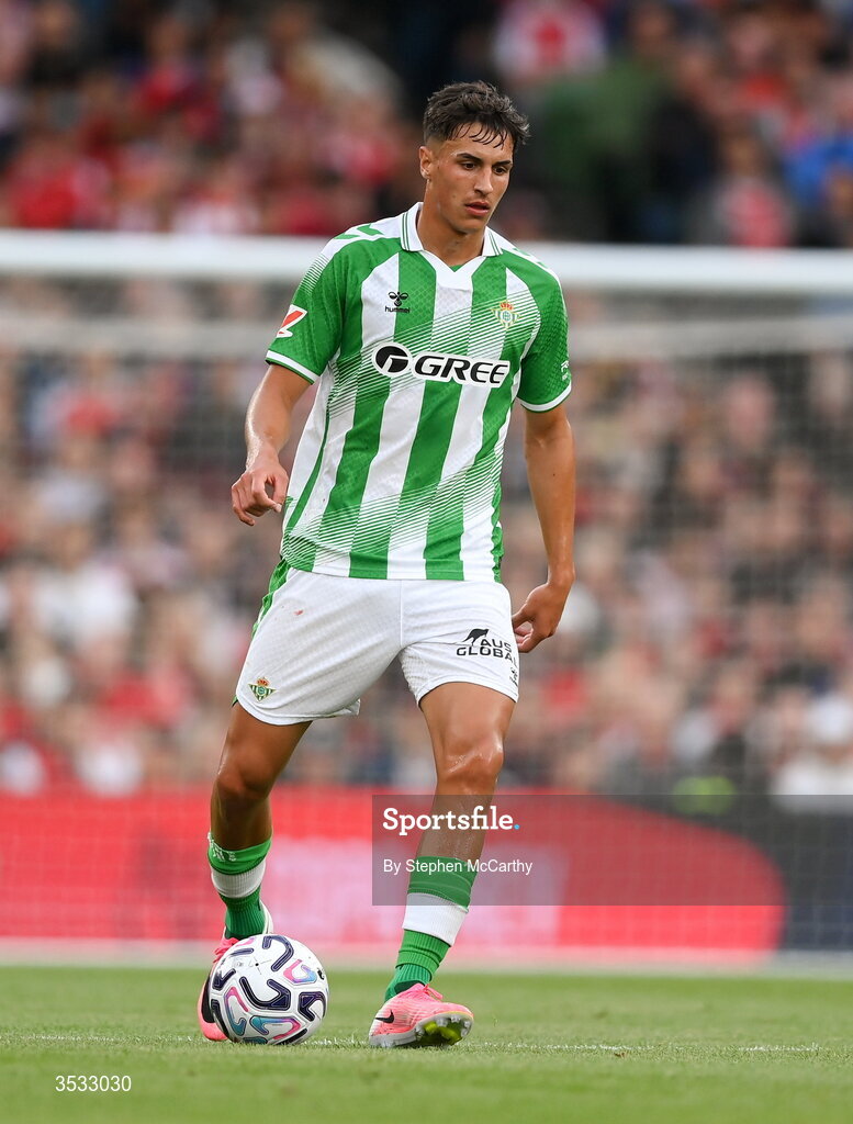 5 August 2026; Facundo Bernal of Real Betis during the pre-season friendly match between Arsenal and Real Betis at the Aviva Stadium in Dublin. Photo by Stephen McCarthy/Sportsfile