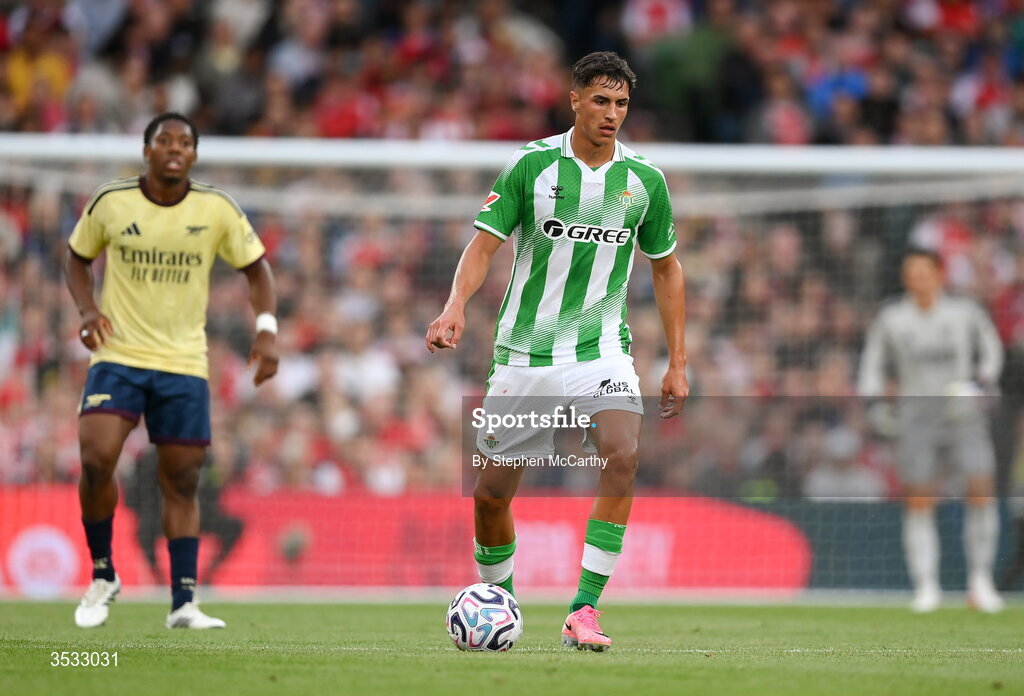 5 August 2026; Facundo Bernal of Real Betis during the pre-season friendly match between Arsenal and Real Betis at the Aviva Stadium in Dublin. Photo by Stephen McCarthy/Sportsfile