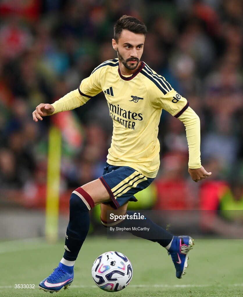 5 August 2026; Fábio Vieira of Arsenal during the pre-season friendly match between Arsenal and Real Betis at the Aviva Stadium in Dublin.  Photo by Stephen McCarthy/Sportsfile