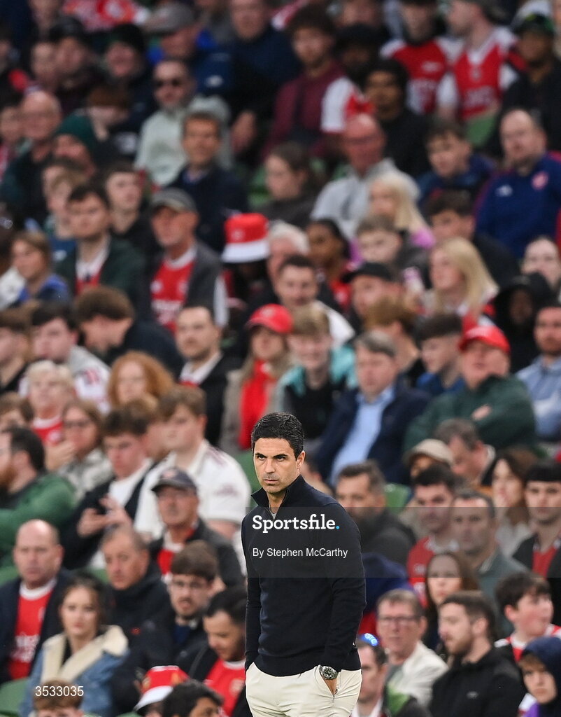 5 August 2026; Arsenal manager Mikel Arteta during the pre-season friendly match between Arsenal and Real Betis at the Aviva Stadium in Dublin. Photo by Stephen McCarthy/Sportsfile