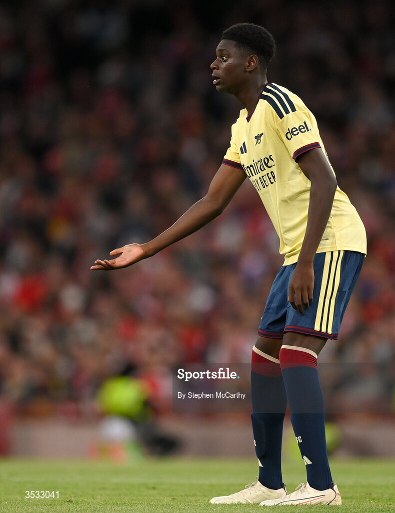 5 August 2026; Ife Ibrahim of Arsenal during the pre-season friendly match between Arsenal and Real Betis at the Aviva Stadium in Dublin. Photo by Stephen McCarthy/Sportsfile